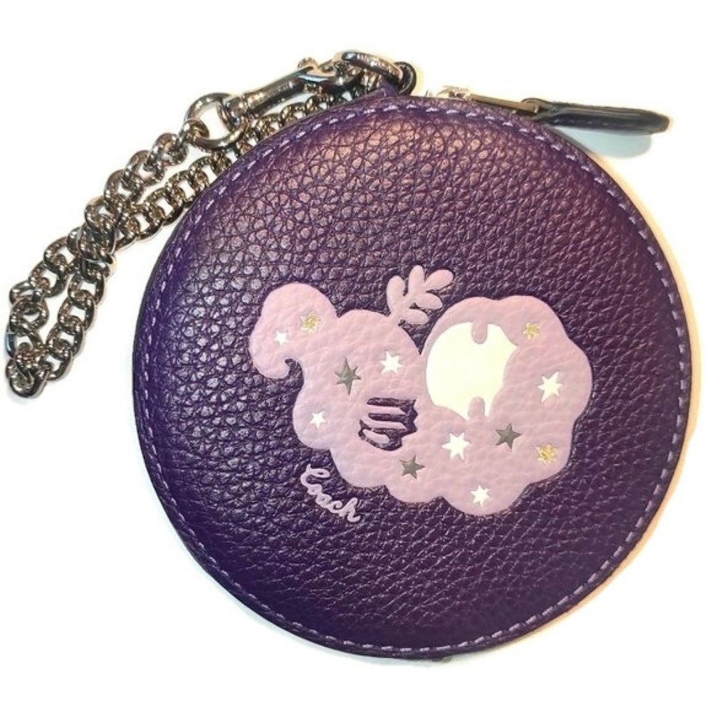 Coach Virgo Zip Round Purple Leather Con Purse With Chain
